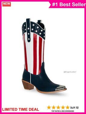 Women's American Flag Mid Calf Cowboy Boots 2.5" Block Heel Pointed Toe
